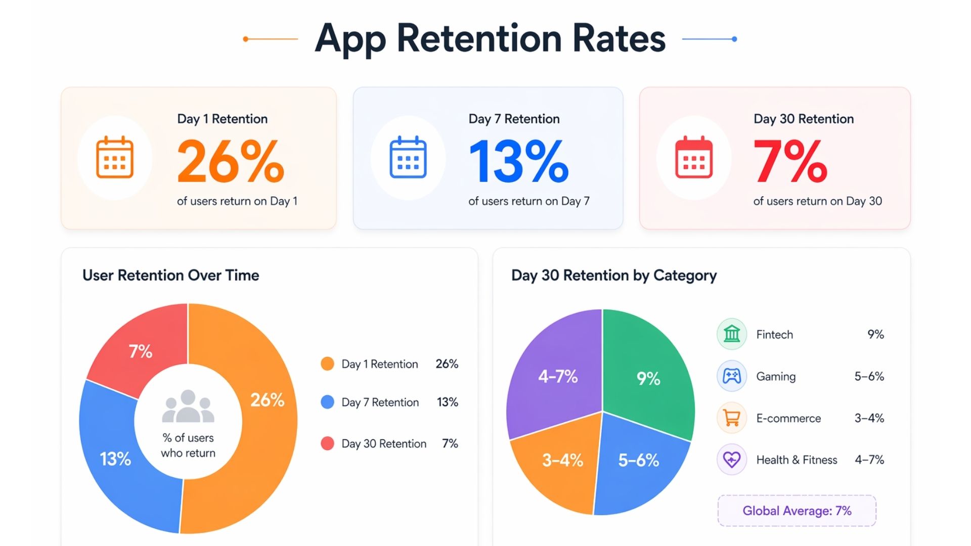 Mobile app retention rates by platform and category: global Day 1 at 26%, Day 30 at 7%, Fintech highest at 9% Day 30